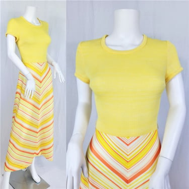 1970's Yeloow Orange Chevron Stripe Maxi Dress I Sz Med I Melissa Lane 