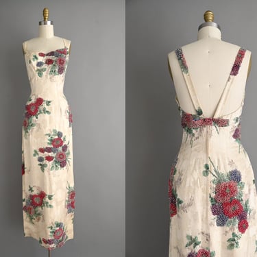 Vintage 1950s Dress | Outstanding Montaldo's Glass Beaded Rose Floral Custom Gown | Small Medium 