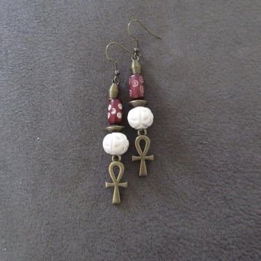 Batik print bone and bronze ankh earrings 2 