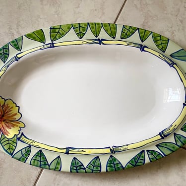 19” Tika Platter Bowl, by  Lotus International~ Large Oval hand painted platter~ yellow, hibiscus, bamboo edging, green palms, Bright Paint 