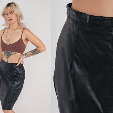 Black Leather Skirt 90s Mini Pencil Skirt High Rise Waisted Wiggle Skirt Sexy Rocker Party Goth Punk Going Out Bodycon Vintage 1990s Small S 