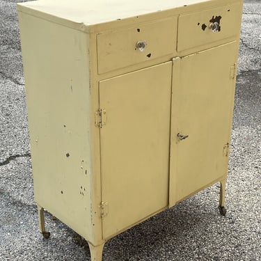 Antique American Industrial Steel Metal Yellow Painted Storage Cabinet Dresser