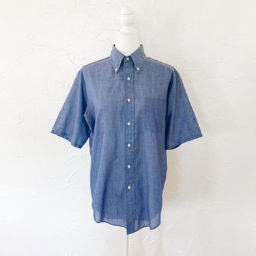 60s Penney's Towncraft Chambray Blue Button Up Shirt with Button Collar | 
