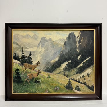 Free shipping within continental US - vintage signed mid century modern  framed scenic mountain side painting depicting wandering animals. 