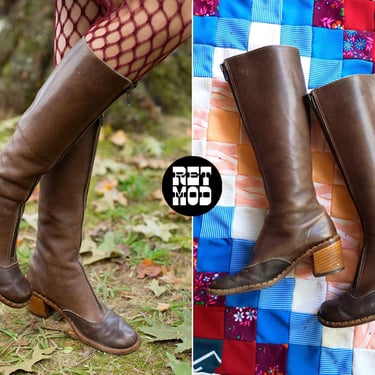 US 6 - Vintage 60s 70s Brown Leather Knee Boots 