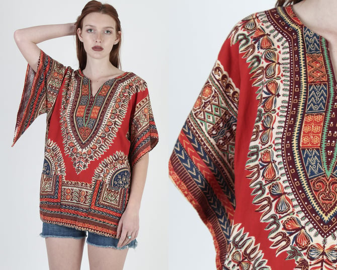 Vintage 70s Red Dashiki Top / Cotton Kimono Sleeve India Tunic / Womens Angel Sleeves Tunic / 1970s Bohemian Floral African Top 