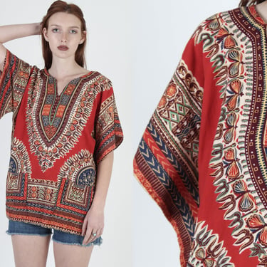 Vintage 70s Red Dashiki Top / Cotton Kimono Sleeve India Tunic / Womens Angel Sleeves Tunic / 1970s Bohemian Floral African Top 