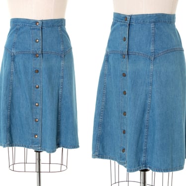 Vintage 1970s Denim Skirt | 70s PLUSH BOTTOMS Light Wash Blue Cotton A-Line Snap Down Front Boho Skirt (medium/large) 