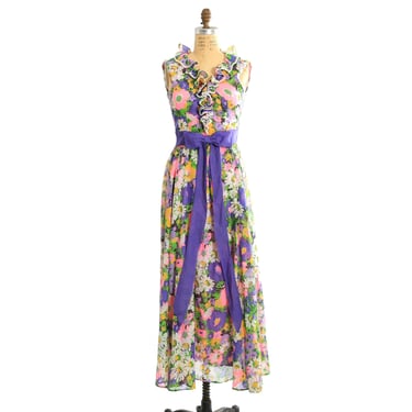 Vintage 60s purple floral cotton ruffle maxi dress 