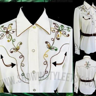 H Bar C, California Ranchwear Vintage Western Women's Cowgirl Shirt, Cream with Floral Embroidery, Tag Size 36, Medium (see meas. photo) 