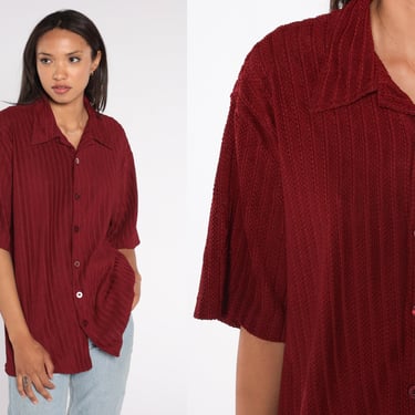 Dark Red Shirt 90s Button Up Shirt Textured Stripes Plain Simple Collared Shirt Short Sleeve Preppy Basic Top Vintage 1990s Large L 