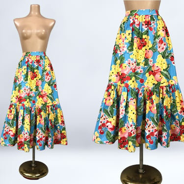 VINTAGE 60s Bright Novelty Fruit Print Skirt Cherries, Grapes, Apples 27" Waist | 1960s Handmade Ruffle Tier Skirt with Pockets | VFG 