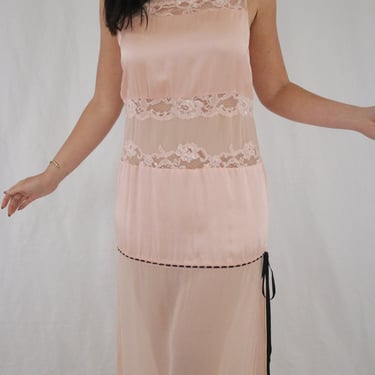 Vintage Pink Silk + Lace Full Length Slip Dress - 20’s Style Silhouette - Small 