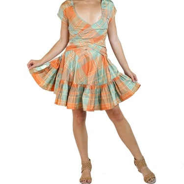 Morphew Collection Orange  Green Silk Taffeta Plaid Denise Dress 
