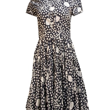 Diane von Furstenberg - Navy &amp; Ivory Floral w/ Polka Dot Short Sleeve Dress Sz S