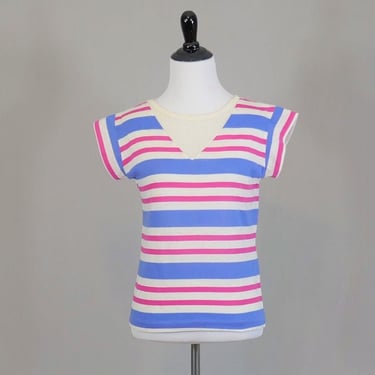 80s Striped Top - Pink Blue White w/ Mesh Trim - Short Sleeve - Cotton Blend Knit - That's Me! - Vintage 1980s - S 