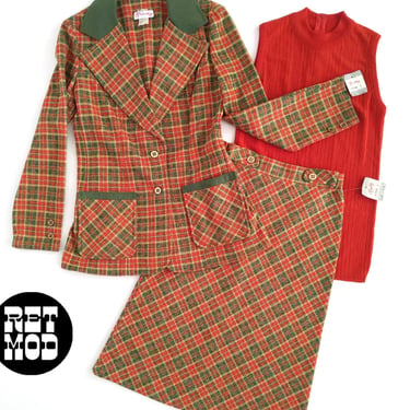 Deadstock Vintage 60s 70s Orange & Olive Green Plaid 3-Piece Skirt Set by Bradley 