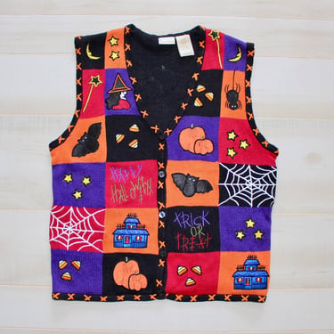 Vintage Halloween Ugly Sweater Vest, Novelty, Grandma, Holiday, Fall, Pumpkin, Witch, Spider 