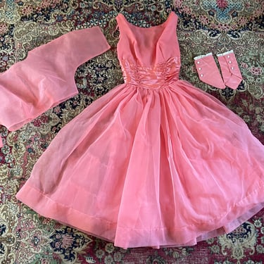 Vintage 1950’s coral chiffon & tulle gown with shrug and fingerless gloves | authentic mid century prom dress, juniors XXS 