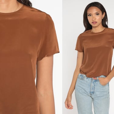 Shiny Brown Top 80s Blouse Short Sleeve Shirt Basic Simple Minimalist Streetwear Casual Summer Solid Neutral Earth Tone Vintage 1980s Small 