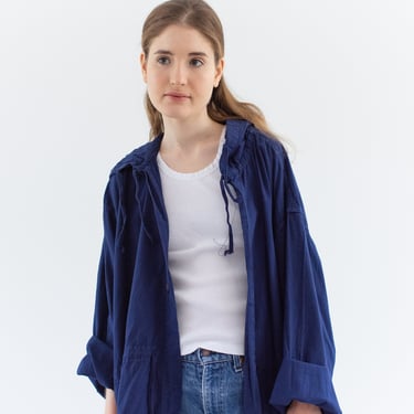 Vintage True Blue Hood Jacket | Cotton Smock Drawstring Anorak Spring Layer | L XL 