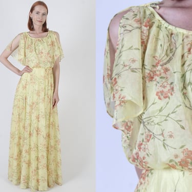 Vintage 70s Grecian Goddess Floral Dress / Split Sleeve Toga Party Outfit / Sweeping Yellow Floor Length Maxi Gown 