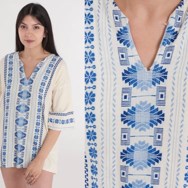 Aztec Embroidered Top 90s Hippie Shirt Off-White Guatemalan Embroidery Mexican Blouse V Neck Short Sleeve Boho Vintage 1990s Medium Large 
