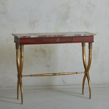 Brass Console Table with Red Arabescato Marble Top Attributed to Paolo Buffa, Italy 1950s