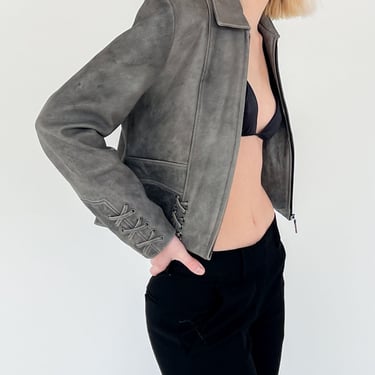 Grey Lace Up Cropped Leather Jacket (S)