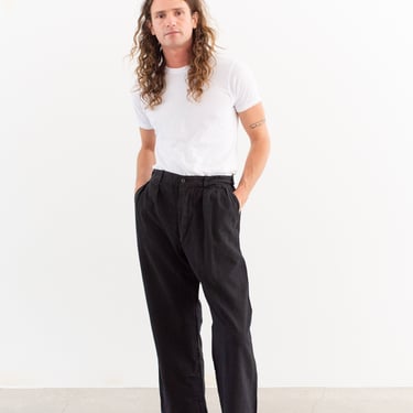 Vintage 33 34 36 Waist Black Pleated Chino Thick Canvas Trousers | Unisex 60s Button Fly High Waist Workwear Pants | Overdye | P220 