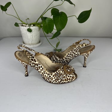 Grrrrrr to Meow - Vintage 1950s 1960s Leopard Print Leather Slingback Heels Sandals - 8.5M 