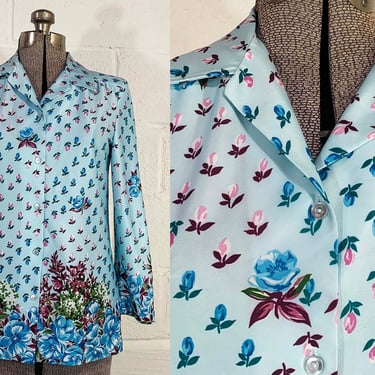 Vintage Blue Floral Shirt Top Rose 3/4 Sleeve Shirt Blouse Flowers Mod Minx TV Movie Costume 1970s Medium 