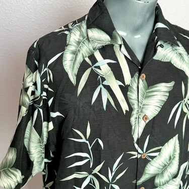 Silk Tunic Mens Shirt, Palm Leaves Print, Bamboo Tiki Tunic, Button Down, Tommy Bahama, Unisex, Vintage 90s 00s 