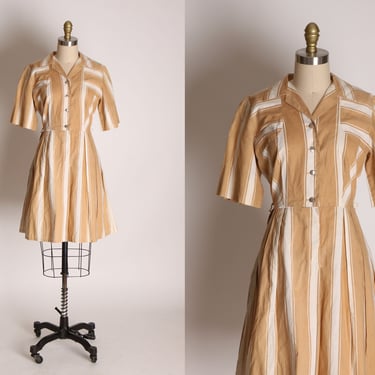 1940s Tan and White Striped Pleated Skirt Dress by Fruit of the Loom -L 