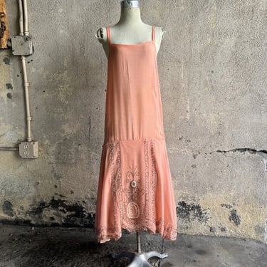Antique 1920s Pink Silk Dress Beaded & Rhinestones Flower Vase Scalloped Vintage