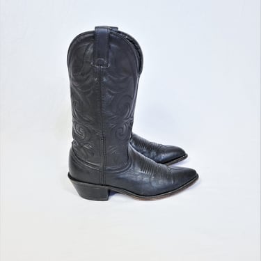 1980's Black Leather Stitched Pointy Western Cowboy Boots I Sz 7 Mens I Sz 9 Womans  I Rocker I Punk I Metal 