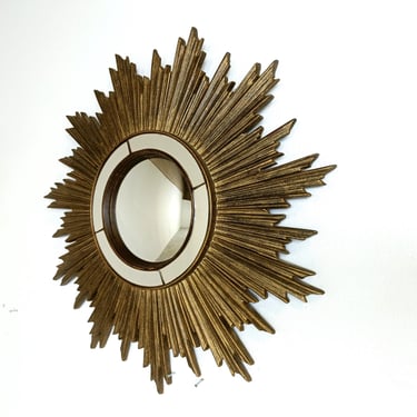 Vintage golden sunburst mirror, 1960s - gilded sunburst mirror - vintage butler mirror - vintage convex mirror - golden mirror - vintiques 