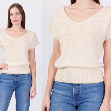 80s Cream Knit Beaded Top - Medium | Vintage Sequin Trim V Neck Slouchy Cropped Top 