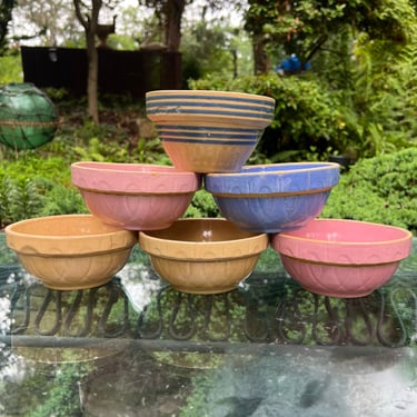 Set of 6 Watt 1930s Yellowware USA Crock Stoneware Pottery Bowls #5 Stripes Bands Loop Pattern 