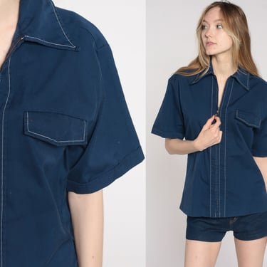 70s Ring Pull Shirt Navy Blue Short Sleeve Zip Up Shirt Mod Retro Polo Shirt 1970s Mod Space Age Plain Medium 