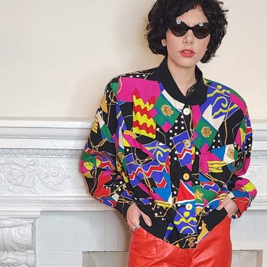 90s Colorful Graphic Silk Print Jacket Dana Buchman Large 