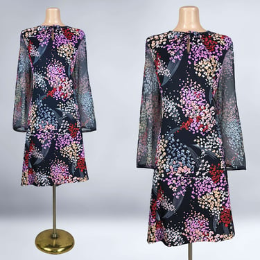 VINTAGE 70s Floral Scooter Dress with Sheer Sleeves by Damon Plus Size 22 Volup | 1970s Keyhole Shift Dress | VFG 