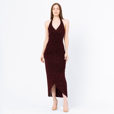 Vintage 90s Plum Sparkle Halter Maxi Dress - Small | Metallic High Low Hem Evening Gown, Sexy Bodycon Wedding Guest Dress 