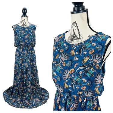 Lara Guidotti Tiered Floral Airy Silk Blend Sleeveless Maxi Dress Size L in Navy