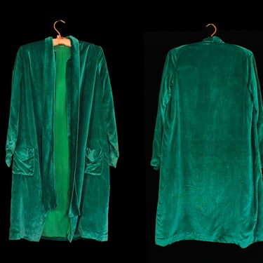 1920s Coat / 20s Emerald GREEN Velvet Coat / Jewel Tone Duster Jacket / Pockets! 