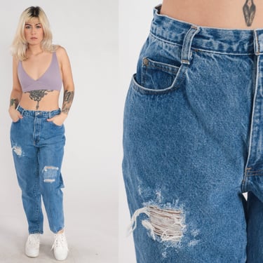 Ripped Jeans 90s Gitano Mom Jeans High Waisted Rise Tapered Jeans Blue Distressed Denim Pants Retro Relaxed Grunge 1990s Vintage Medium 30 
