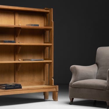 Oak Bookcase by Guillerme et Chambron / Edwardian Armchairs in Mohair Velvet