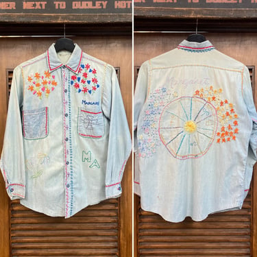 Vintage 1960’s Chambray Hippie Zodiac Floral Embroidery Workwear Shirt, 60’s Astrology, 60’s Button Down, Vintage Clothing 