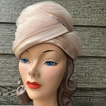 1960s champagne turban hat satin and tulle evening chapeau 