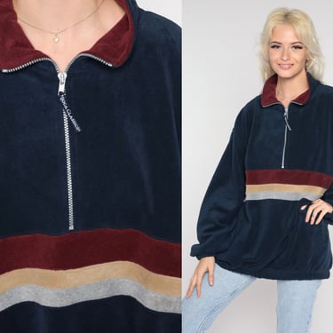 Fleece Pullover Sweatshirt Jacket 90s Navy Blue Striped Jacket Quarter Zip Up Jacket Vintage Retro Vintage Oversized Men's Medium 